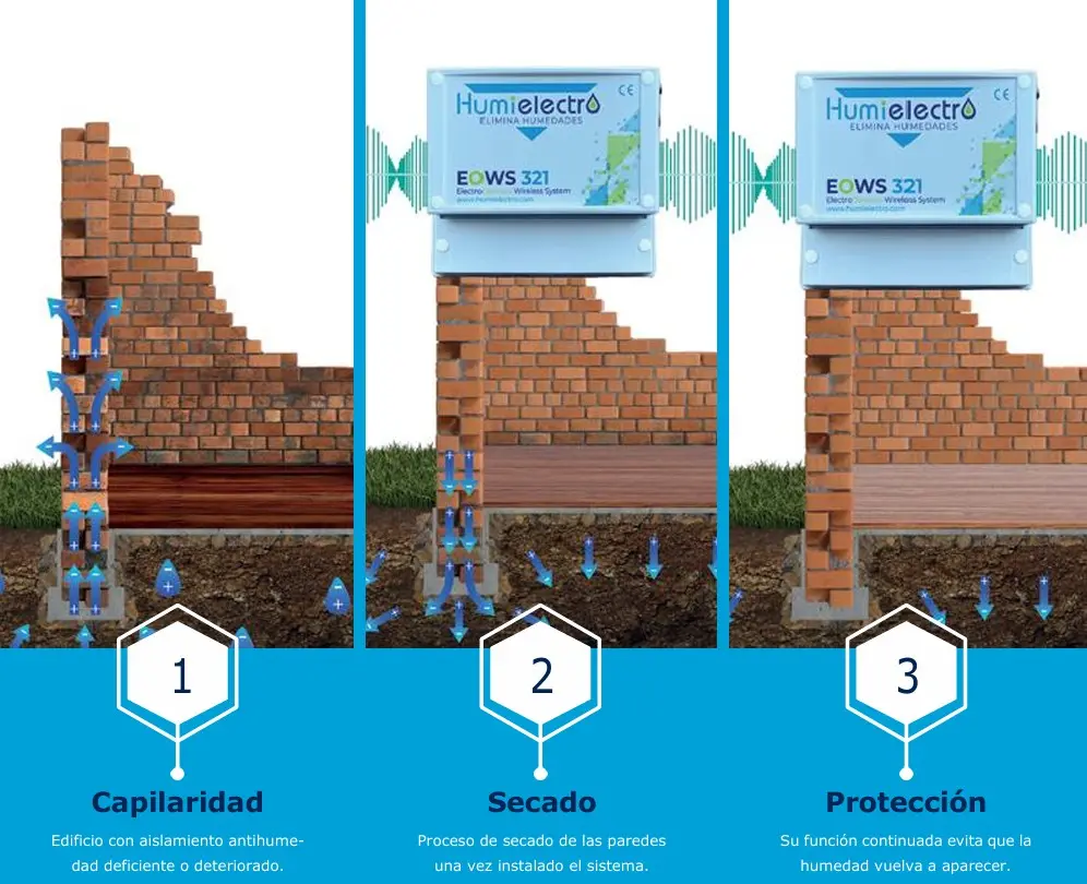 Descripción gráfica de la humedad ascendente y cómo actúa el equipo de eletroósmosis de Humielectro