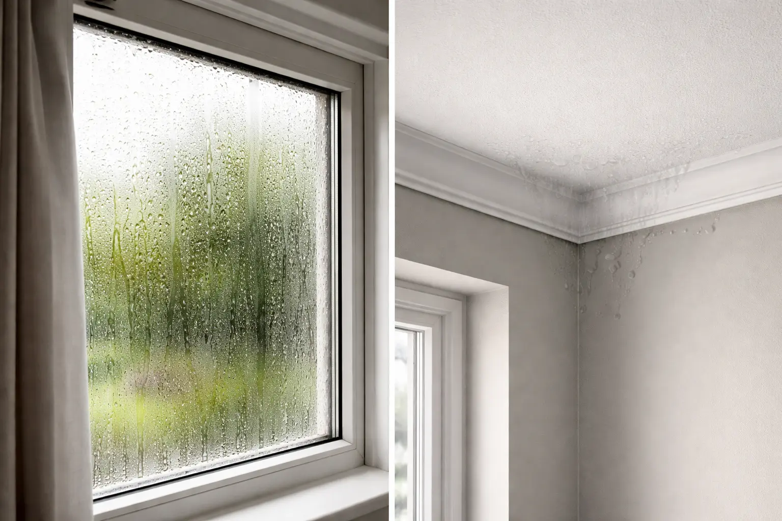 Condensación de humedad en ventanas y techos de una vivienda en Colombia, causada por alta humedad interior y falta de ventilación