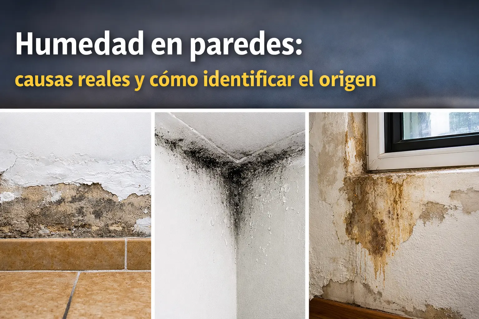 Comparativa gráfica de humedad en paredes con ejemplos de capilaridad, condensación y filtración en un muro.