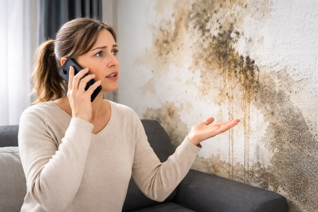Mujer hablando por teléfono frente a una pared con manchas de humedad y moho en casa.