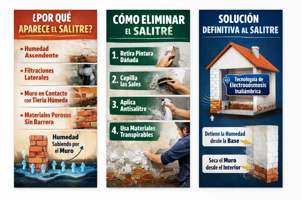 Infografíaque explica por qué aparece el salitre con esquema de humedad subiendo por el muro.