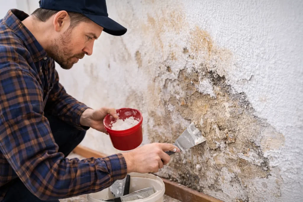 Hombre reparando una pared con humedad, retirando revoque deteriorado con espátula.