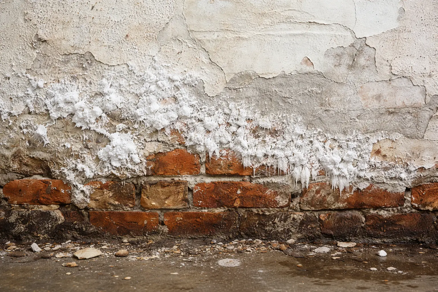 Imagen horizontal de una pared con salitre visible en la parte baja, con cristalización blanca sobre ladrillo y revoque cuarteado por humedad.